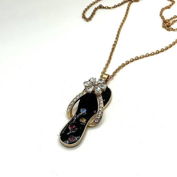 Gold-Tone Pendant Necklace With Rhinestone Black Flip Flop Charm and Adjustable - Picture 3 of 6